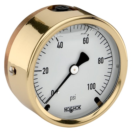 NOSHOK Pressure Gauge, 2.5" Brass Case, Copper Alloy Internals, 300 psi/kPa, 1/4 NPT Male Back Conn, Glycerin Filled, Chrome Bezel & U-Clamp 25-310-300-psi/kPa-CBU
